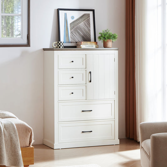 Alderly Rise Chest – White Rustic 5-Drawer Farmhouse Cabinet for Bedroom or Hallway