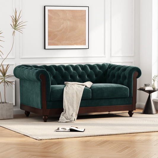 Vivalux™ 59' Chesterfield Velvet Loveseat – Tufted Rolled-Arm 2-Seater in Forest Green