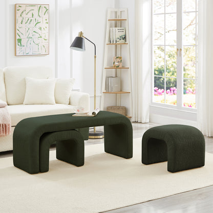 Set of 3 U-Shaped Modern Bench Teddy  Ottoman Bench for Entryway, Bedroom End of Bed, Set of 3 Small Sofa Footrest Extra Seating for Living Room, 44+18 Inch Bench Bench & Ottoman- Dark Green