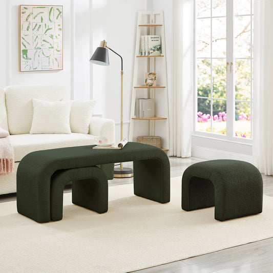 Set of 3 U-Shaped Modern Bench Teddy  Ottoman Bench for Entryway, Bedroom End of Bed, Set of 3 Small Sofa Footrest Extra Seating for Living Room, 44+18 Inch Bench Bench & Ottoman- Dark Green