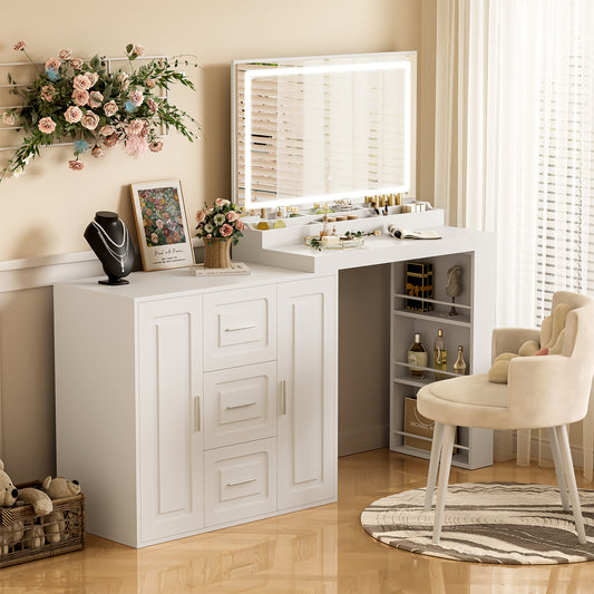 Velora Max Console – 59" White Vanity Desk with LED Mirror, 3 Drawers, 2 Cabinets & Open Shelves