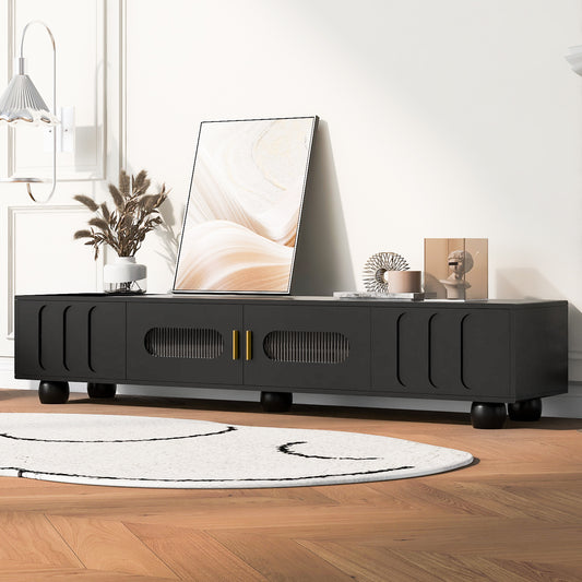 Glavira TV Console – Glass Door Cabinet with Solid Wood Legs (Up to 80")