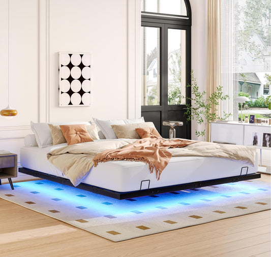 Vionix King Bed – LED Floating Metal Platform Frame (No Box Spring Needed)