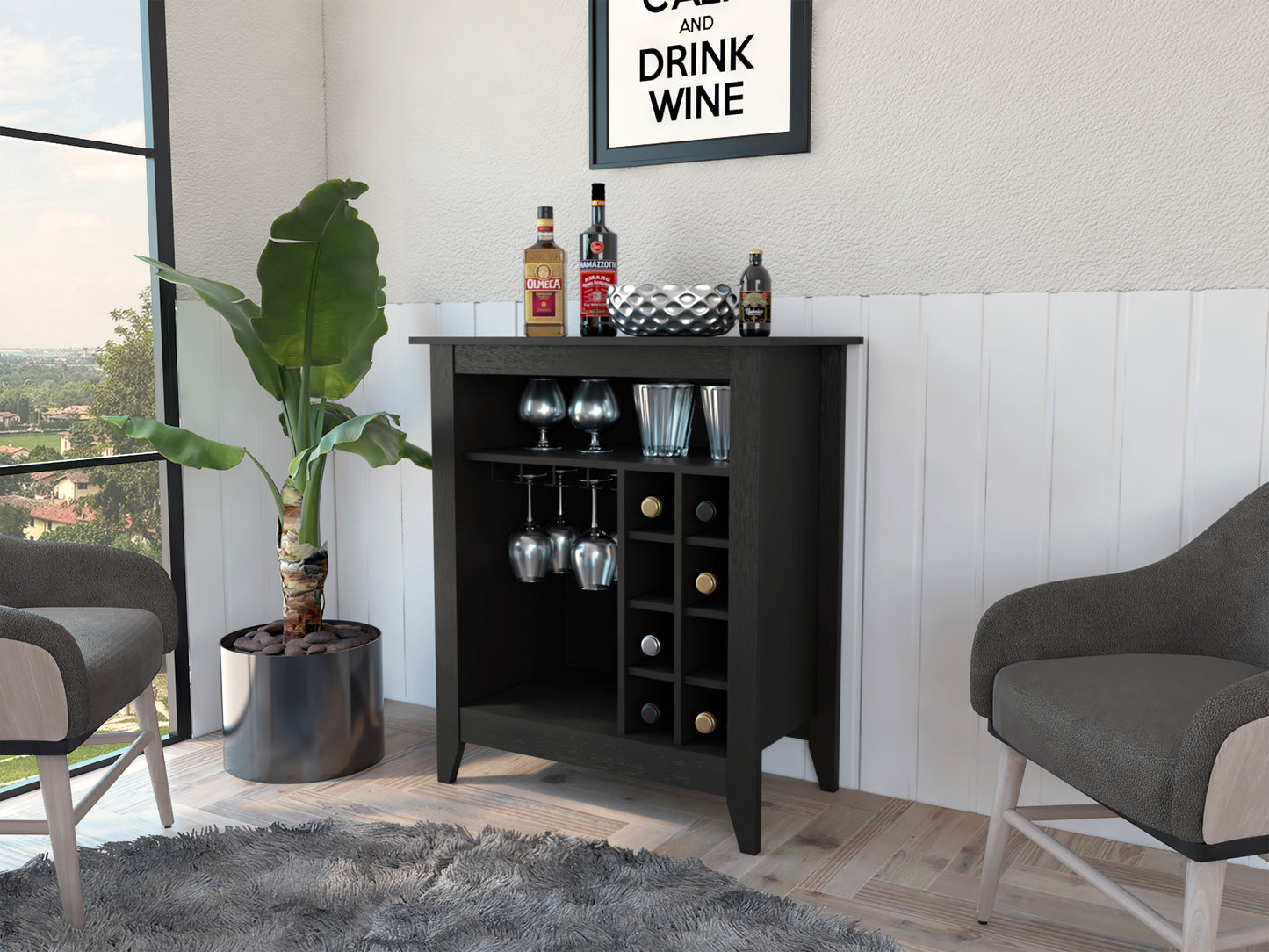 Canaan Bar Cabinet – Black Wengue Compact Unit with 6-Bottle Rack, Drawer, and Shelf