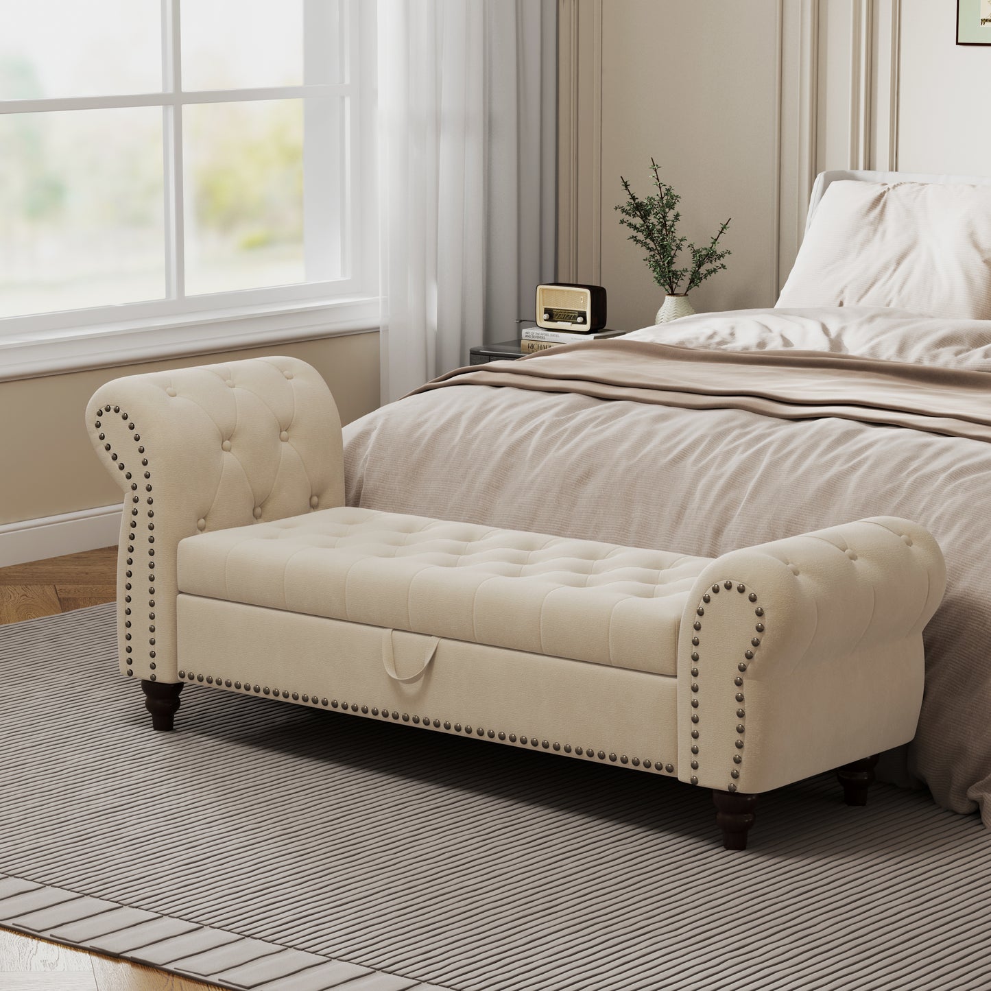 Lavire Tufted Chaise Bench – Velvet Storage Lounge, Beige, 64.5" with Nailhead Detail