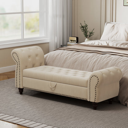 Lavire Tufted Chaise Bench – Velvet Storage Lounge, Beige, 64.5" with Nailhead Detail