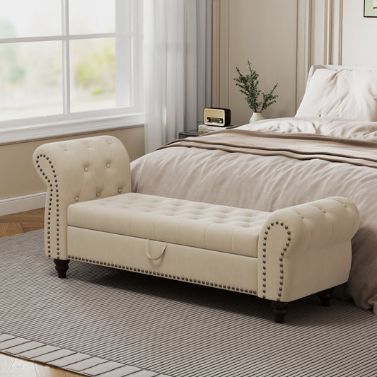 Lavire Tufted Chaise Bench – Velvet Storage Lounge, Beige, 64.5" with Nailhead Detail