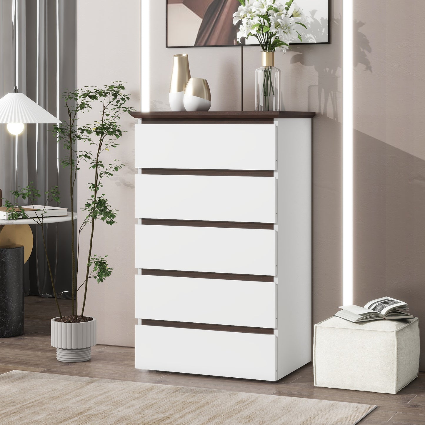 Blyra 5-Drawer Dresser – White & Walnut Vertical Chest for Closet or Bedroom