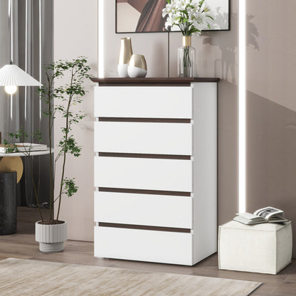 Blyra 5-Drawer Dresser – White & Walnut Vertical Chest for Closet or Bedroom