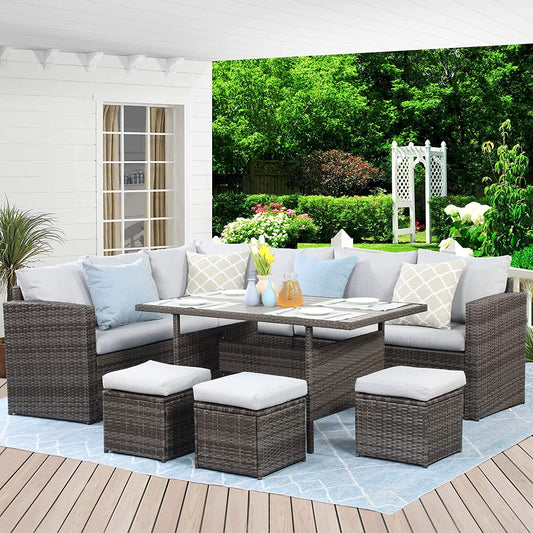 Solvara 7-Piece Dining Sectional – Gray PE Wicker Sofa Set with Cushions and Center Table