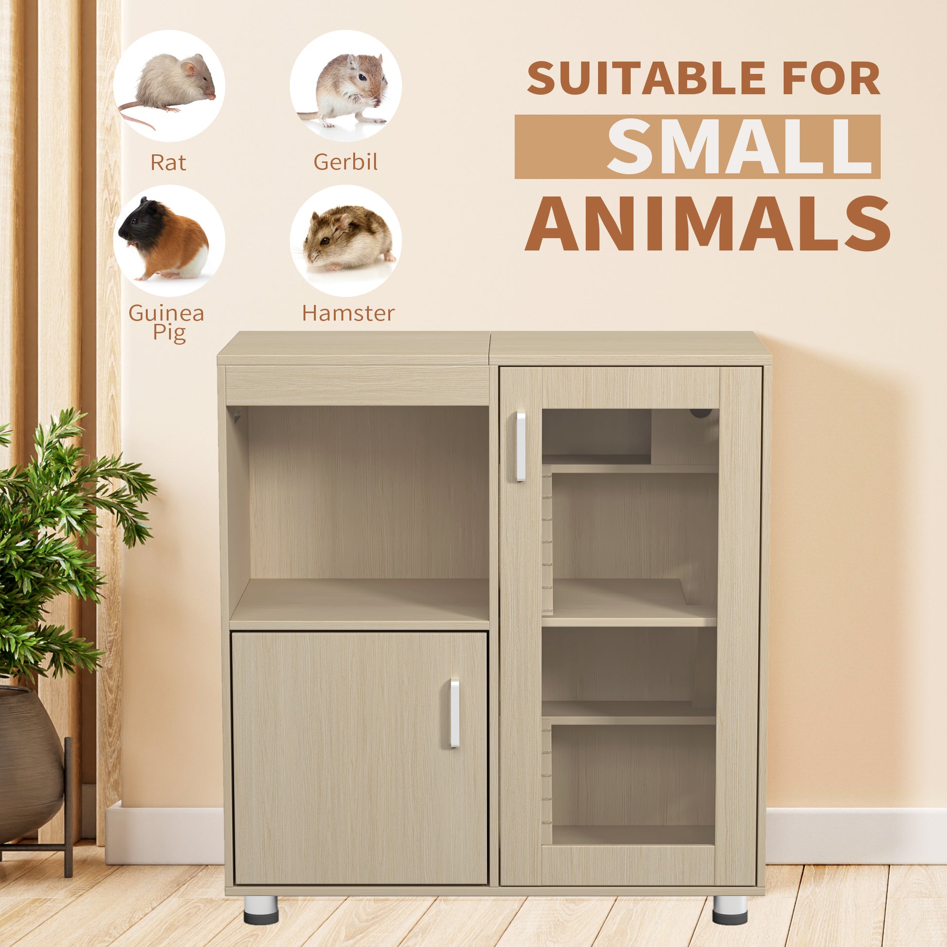 Teko Hamster Habitat Tower – 4 - Tier Teak Enclosure with Acrylic Front & Lower Storage Cabinet - JUSTLIVE NESTJUSTLIVE NEST
