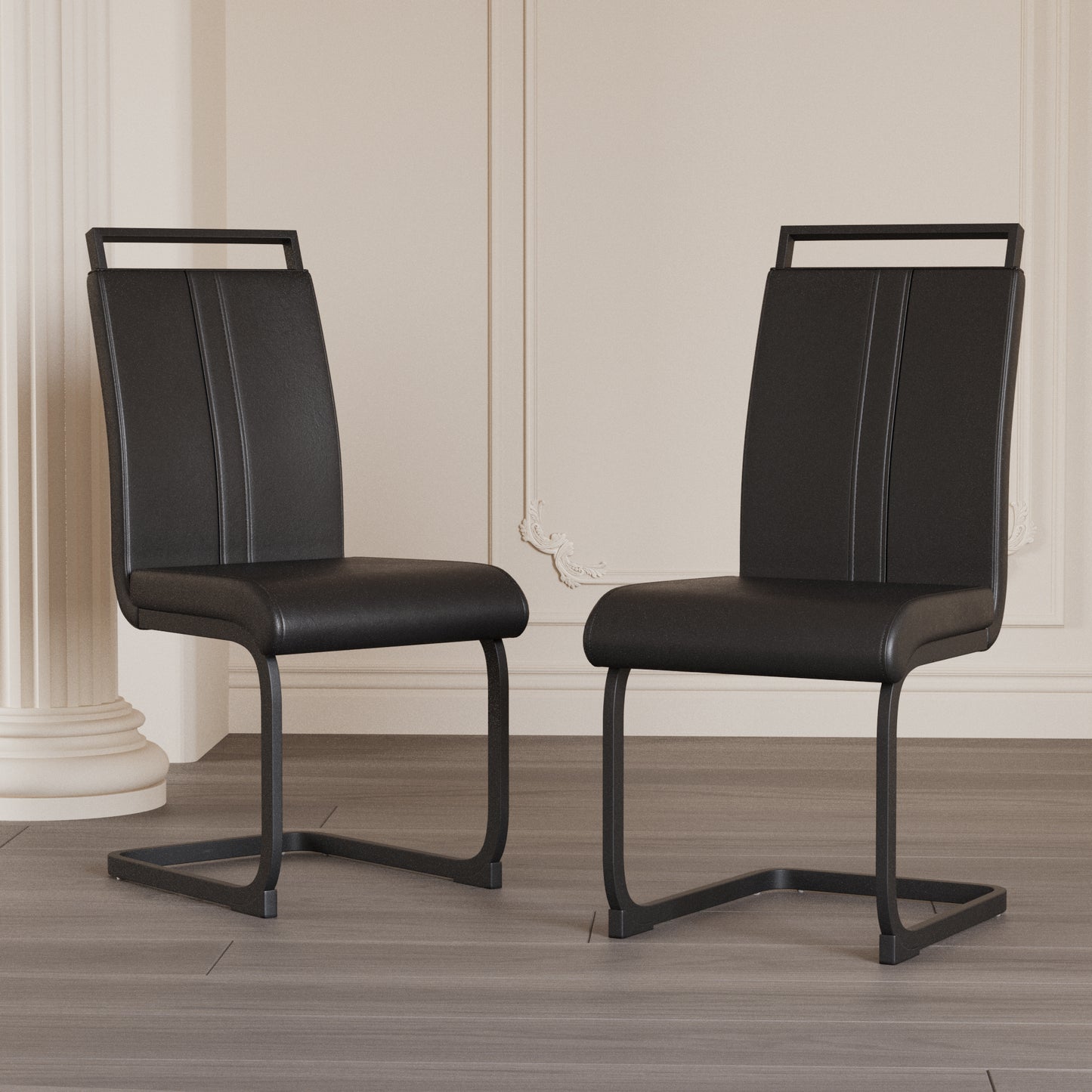 Cavia PU Dining Chairs – 2 Black High-Back Faux Leather Seats with C-Shaped Frame
