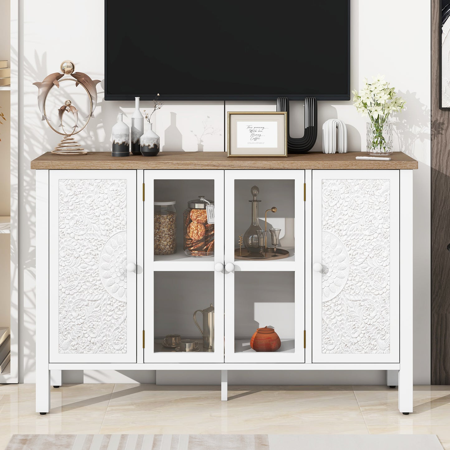 Retvora Mini Console – 47.2" Retro TV Stand with 3 Glass Cabinets (Up to 43")