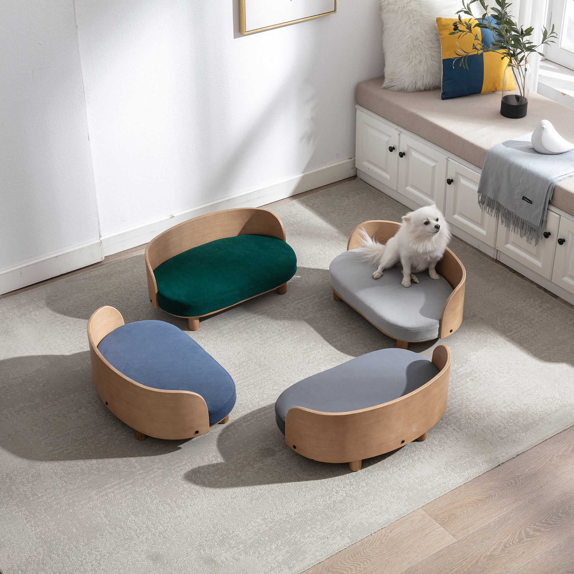 Kova Scandinavian Pet Sofa – Walnut Frame with Velvet Cushion & Curved Backrest - JUSTLIVE NESTJUSTLIVE NEST