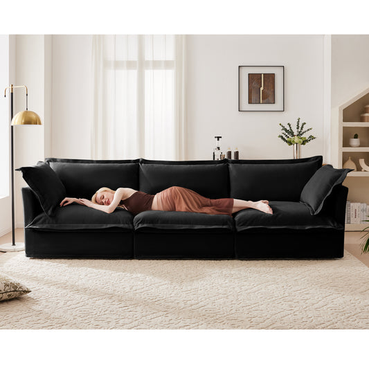 Trio Plush Lounge – Black Chenille 3-Seat Deep Sofa with Supersoft Armrests & Oversized Pillows