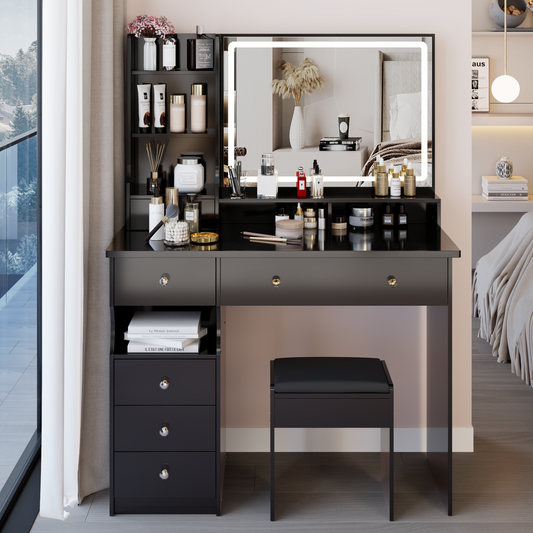 Glowera Luxe RightSet – 41" Vanity Table with Extra-Wide Touch Mirror, Left Drawer & Layered Storage