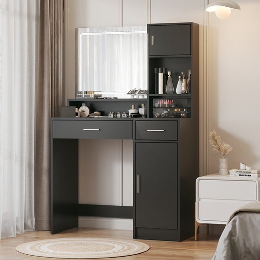 Vionix Curve Hub – Black LED Vanity Desk with Mirror, Drawer & Triple-Tier Storage Design
