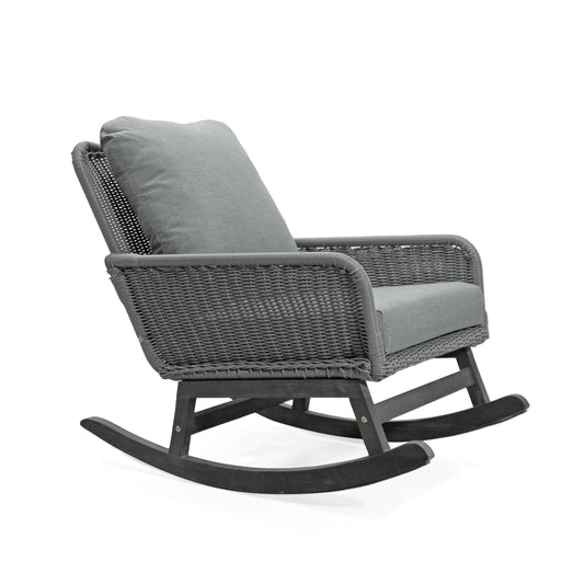 Avya Rocker Chair – Gray Wicker Frame with Wooden Base & Soft Cushions