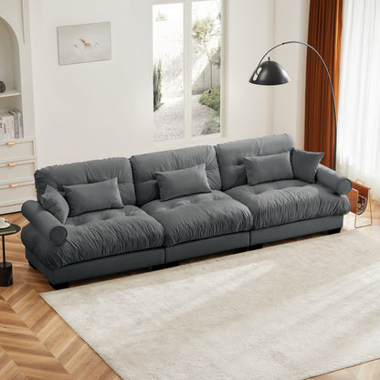 3-Seat Lounge – Grey Velvet Oversized Sofa with Plush Back, Waist & Accent Pillows