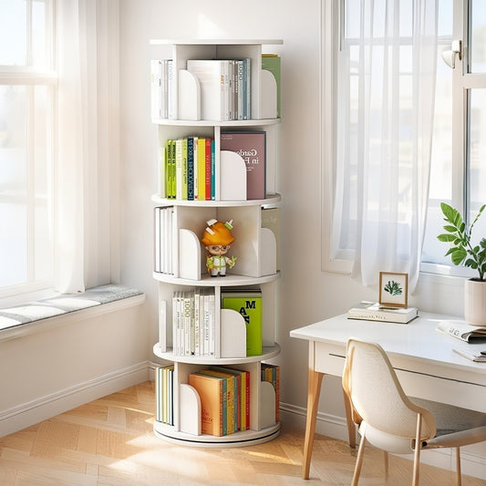 Rotora Tower – 5-Tier 360° Rotating Bookshelf (Warm White)
