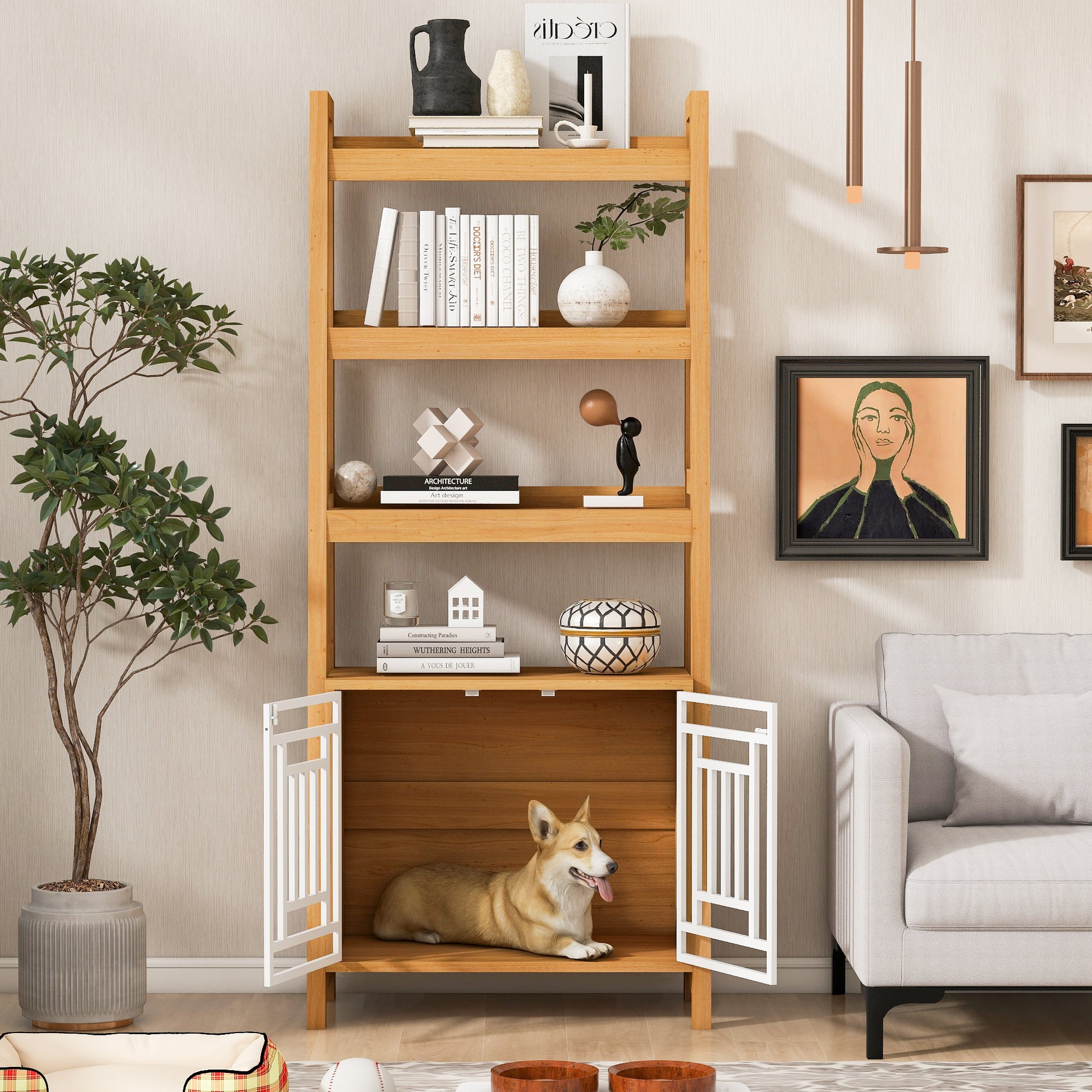 Hollo Crate Shelf Tower – Dog Crate & Ladder Bookcase Combo in Furniture Style - JUSTLIVE NESTJUSTLIVE NEST