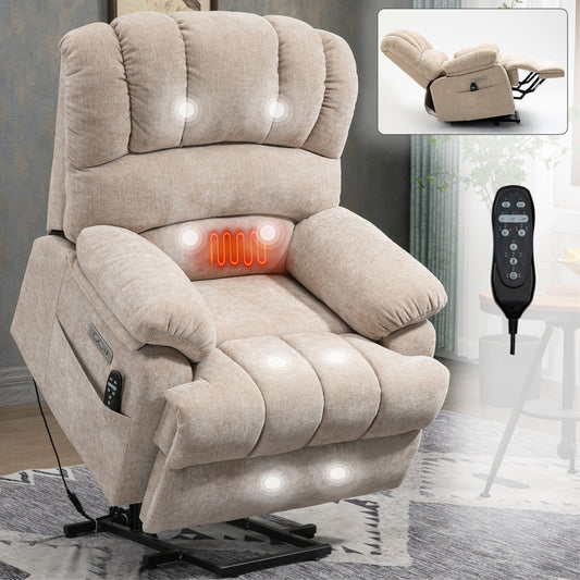 Velaro Luxe Recliner – High-Back Chenille Lift Chair with Massage, Heat & 23" Seat Width (Beige)