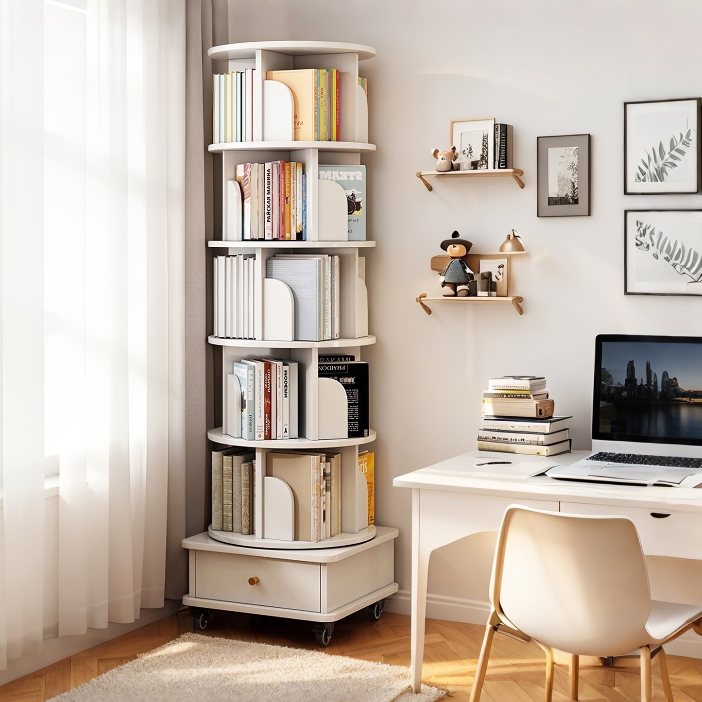 Rotora XL Tower – 6-Tier 360° Rotating Bookshelf with Drawer (Warm White)
