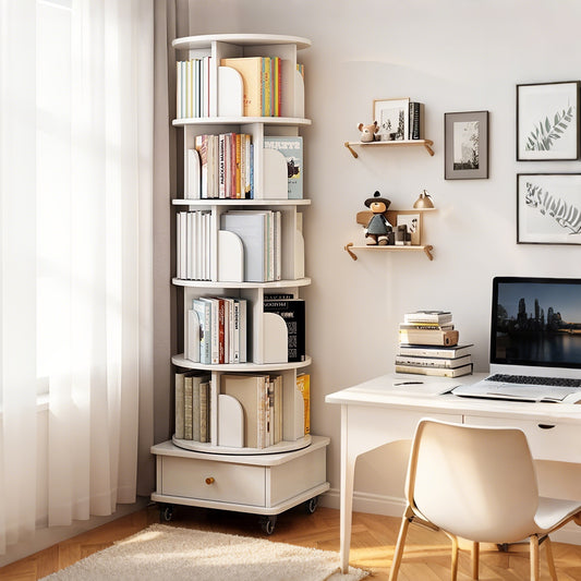 Rotora XL Tower – 6-Tier 360° Rotating Bookshelf with Drawer (Warm White)