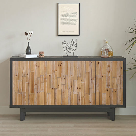 Geomora Quad Cabinet – 4-Door Natural Wood Storage with Textured Geometric Panels