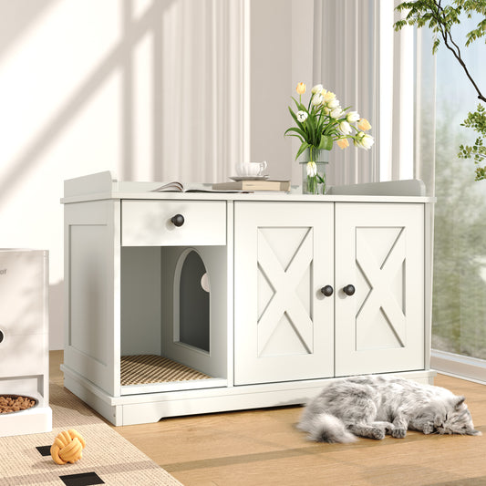 Nuvio Farmhouse Litter Cabinet – White Cat Enclosure with Drawer, Litter Mat & Side Table Functionality