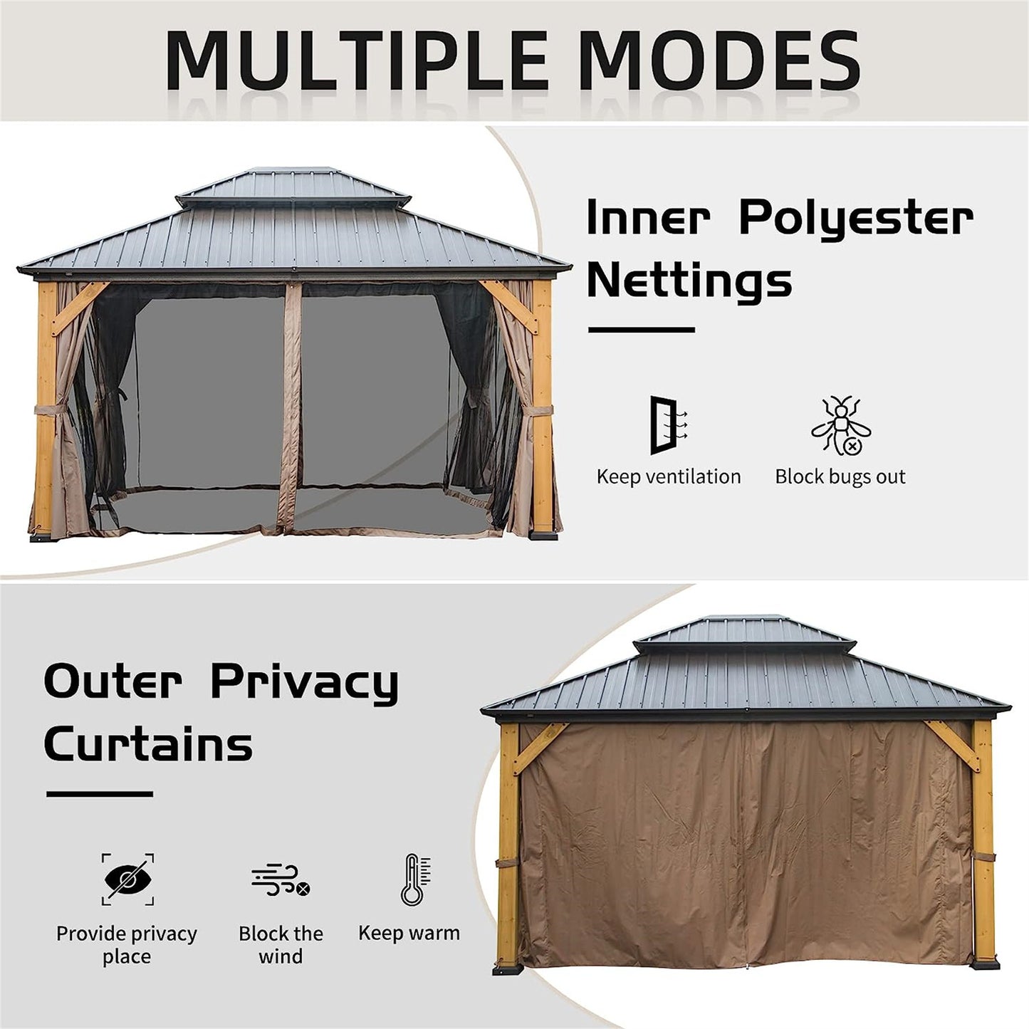 Aurelia 12x14' Cedar Hardtop Gazebo – Galvanized Steel Roof Pavilion with Curtains & Netting (Brown) - JUSTLIVE NESTJUSTLIVE NEST