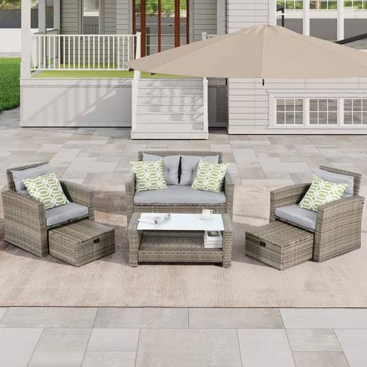 Solvara 6-Piece Wicker Lounge Set – Seasonal PE Rattan Furniture with Tempered Glass Coffee Table