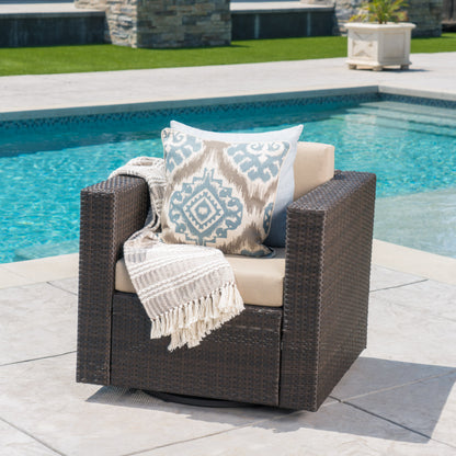 Tavira Swivel Lounge Chair – Dark Brown Frame with Soft Beige Cushions (Single)