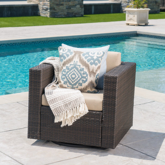 Tavira Swivel Lounge Chair – Dark Brown Frame with Soft Beige Cushions (Single)