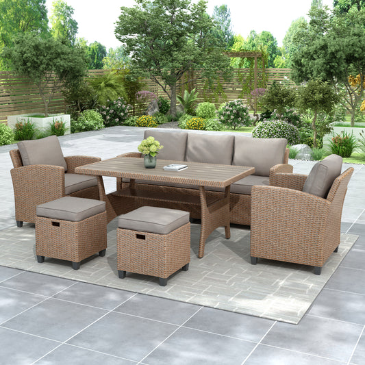 TOPMAX 6-Piece Natural Wicker Set – Rattan Sofa, Chairs, Stools & Table for Garden or Patio