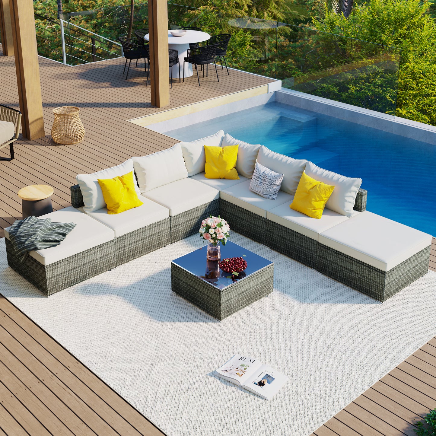 Solvara 8-Piece Wicker Sectional – Modular Gray Rattan Sofa Set with Beige Cushions