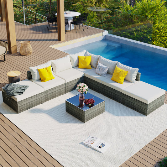 Solvara 8-Piece Wicker Sectional – Modular Gray Rattan Sofa Set with Beige Cushions