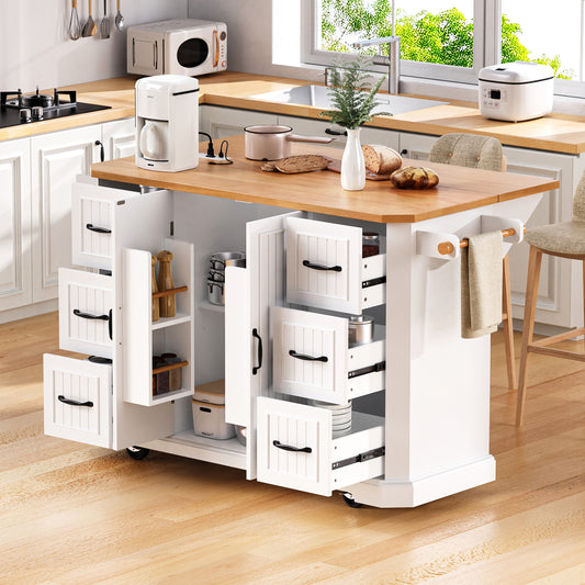 K&K Metro Island – 56'' White Kitchen Cart with Veneer Drop Leaf, 6 Drawers & Shelving