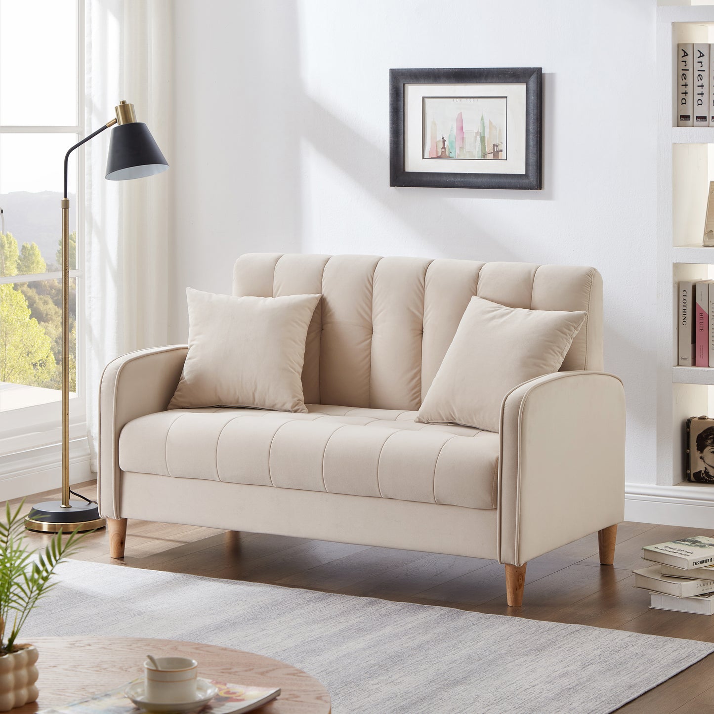 Monaco Linen Velvet Haven – Stylish Beige Upholstered Tufted Loveseat for Modern Homes