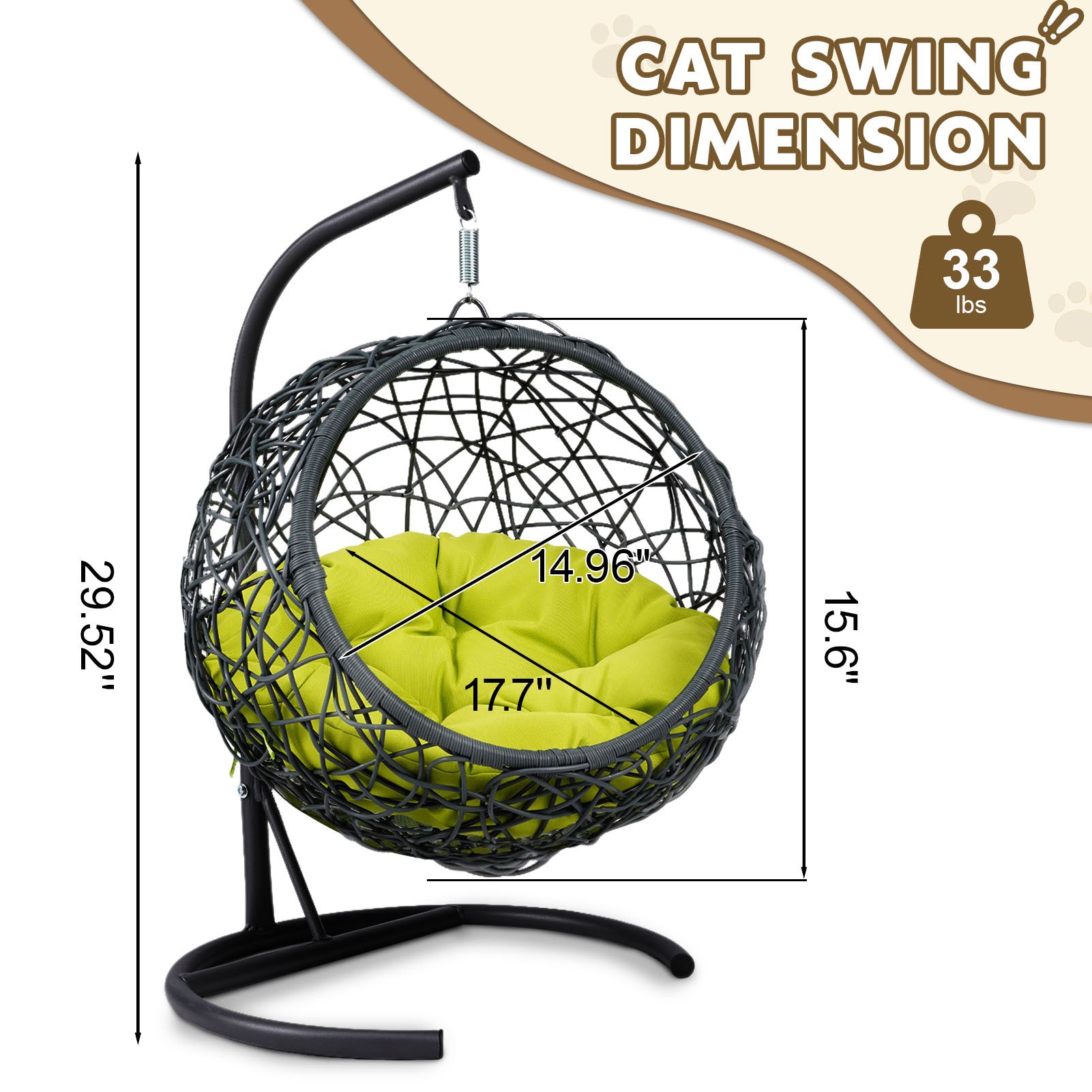 Nuvio Cat Swing Lounge – Green Hanging Egg Bed with Rattan Look, Stand & Cushion - JUSTLIVE NESTJUSTLIVE NEST