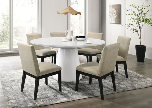 Jaspel Round Dining Set – White 59'' Table with Pedestal Base and Black Chairs