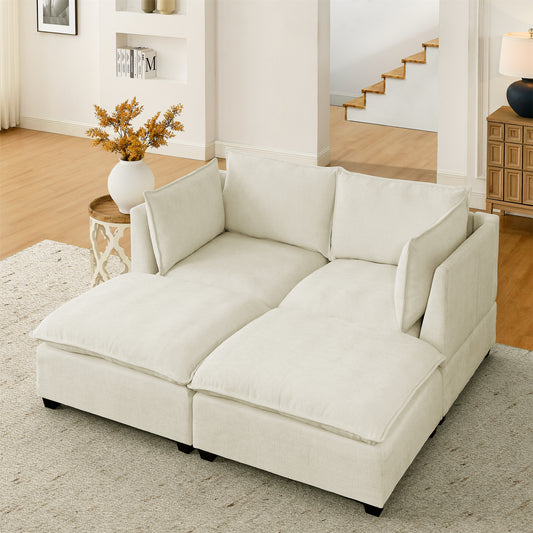 Monaco Cloud Haven – Elegant Beige White Chenille Loveseat with 2 Ottomans for Relaxed Living