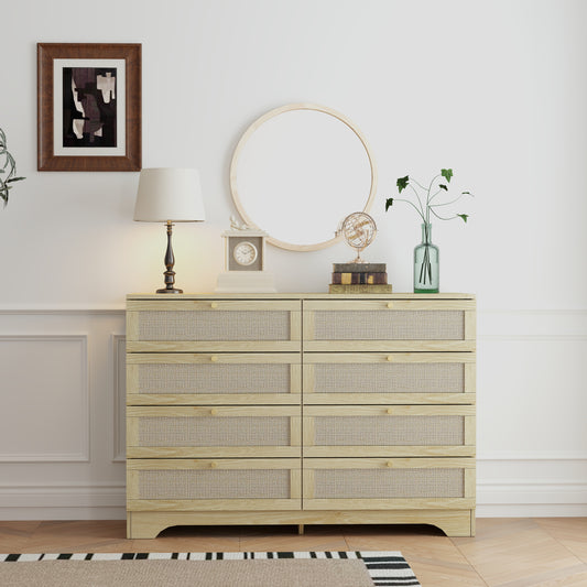 Balyra Rattan Dresser – 8-Drawer Boho Chest with Gold Pulls & Natural Texture