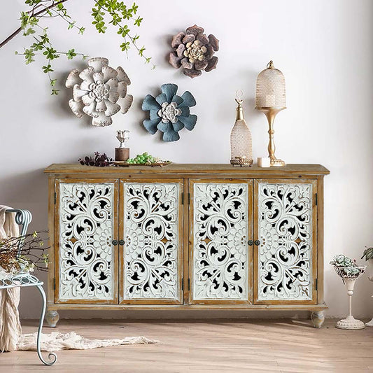Florin Bloom Cabinet – 4-Door Farmhouse Sideboard with Floral Carved Doors