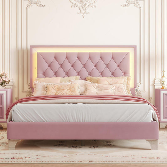 Vervia Full Bed – Pink Velvet Upholstered Frame with Tufted LED Headboard