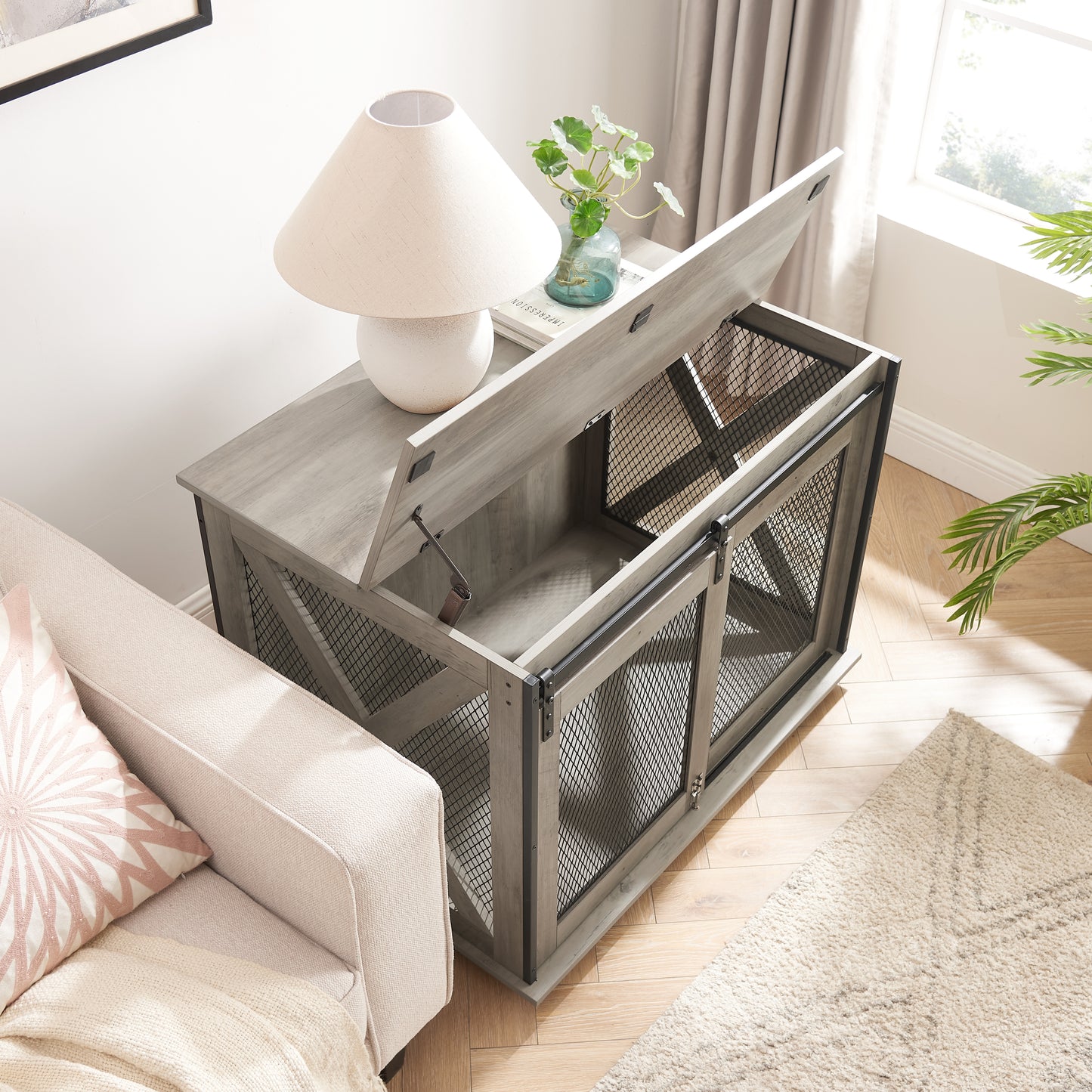 Hollo Farmhouse Crate – Gray Dog Kennel Table with Sliding Barn Door & Flip - Top Divider - JUSTLIVE NESTJUSTLIVE NEST