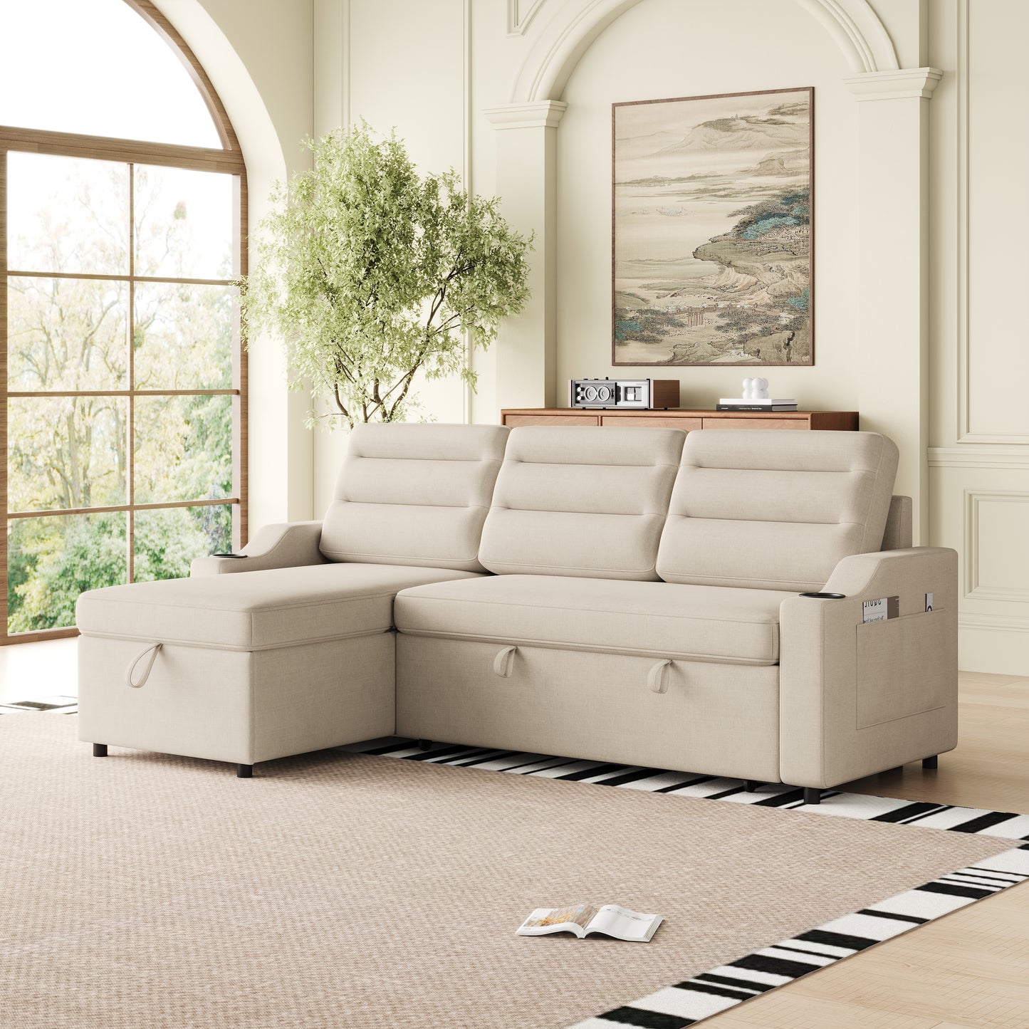 83.5' Smart Comfort Sleeper – Convertible Lounge Sofa with Hidden Storage & Integrated Relax Features
