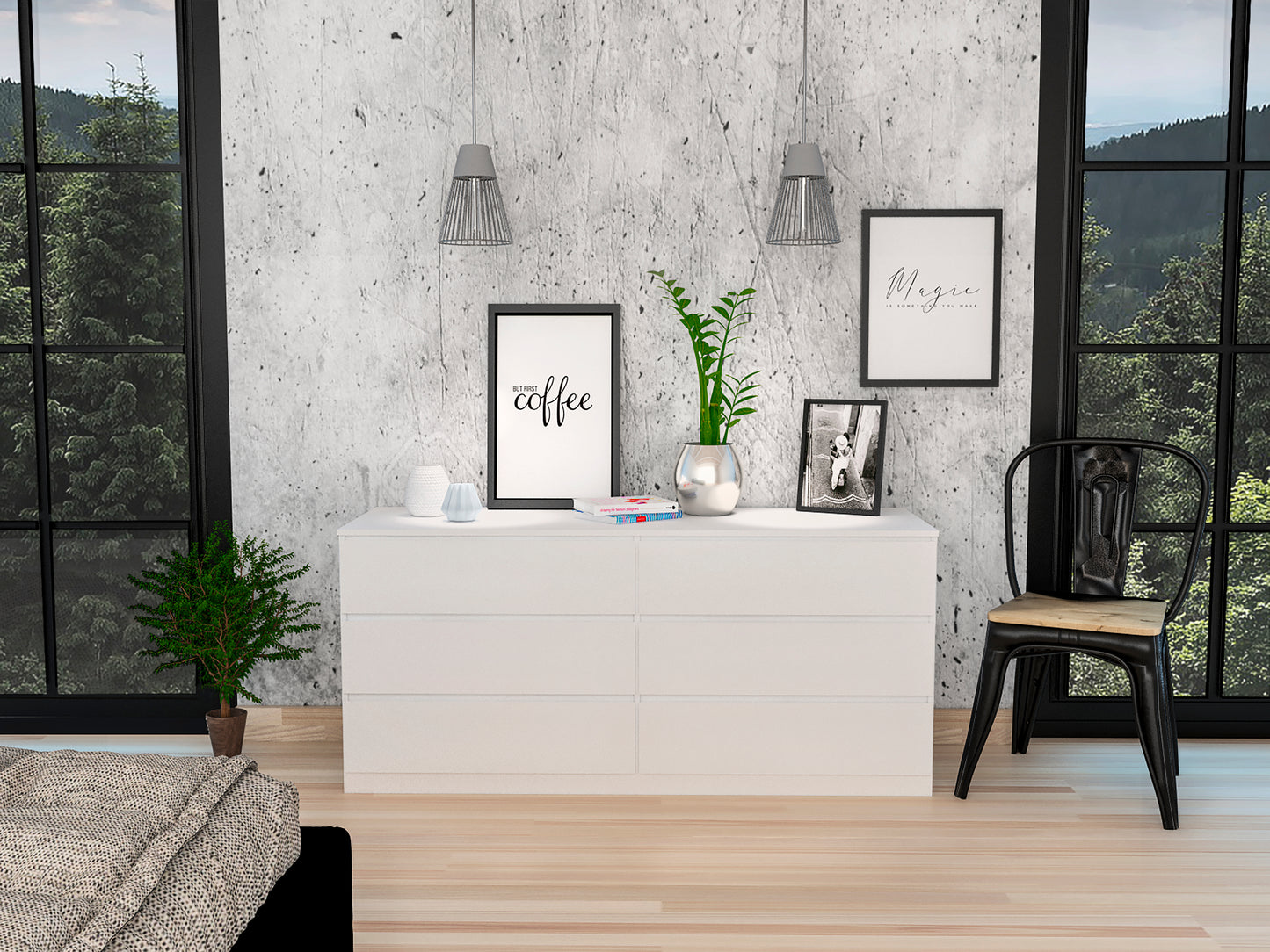 Sava 6-Drawer Dresser – Sleek White Cabinet with Thick Top & Wide Drawer Layout
