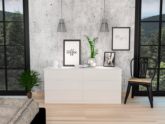Sava 6-Drawer Dresser – Sleek White Cabinet with Thick Top & Wide Drawer Layout