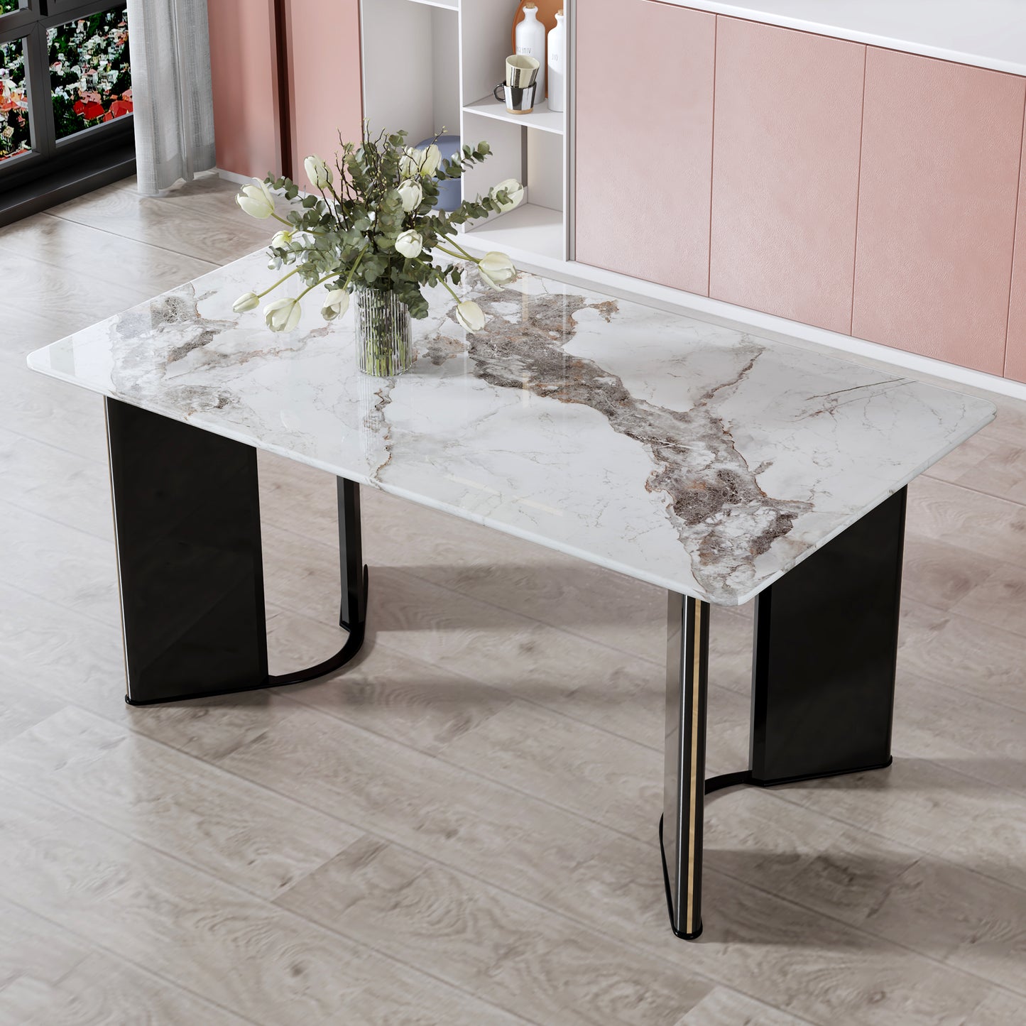 Velani Dining Table – White Marble-Look Top with Gold Trim MDF Legs